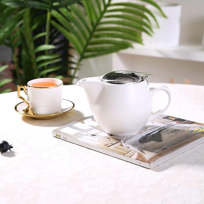 Small Ceramic Teapot With Stainless Steel Infuser For Loose Tea And Blooming Tea, Heat Resistant Ceramic Tea Pot And Tea Kettle, Perfect Tea Maker, White Teapot 350ml/12.0oz