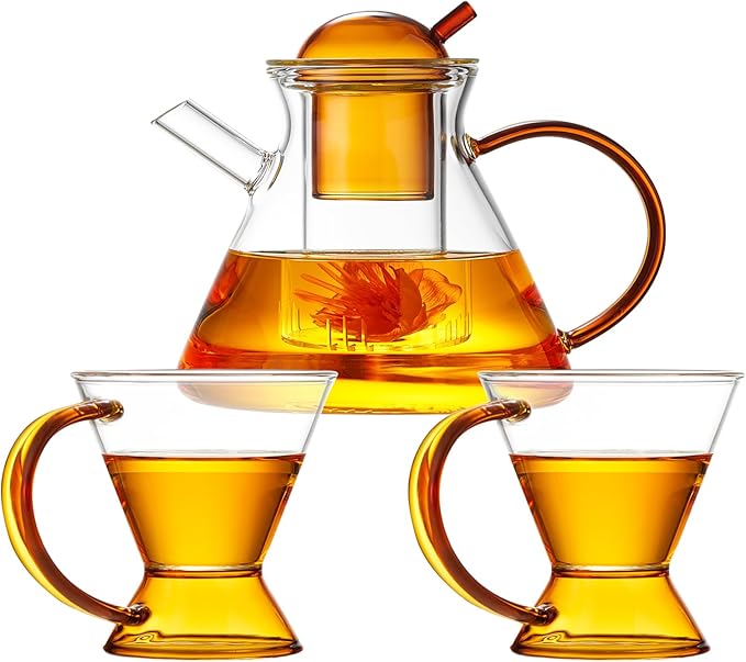 French Style Glass Teapot Set with 2 Glass Cups - Amber Borosilicate Teapot with Glass Filter, 12 Filter Gaps, Transparent Design - Bloomnest