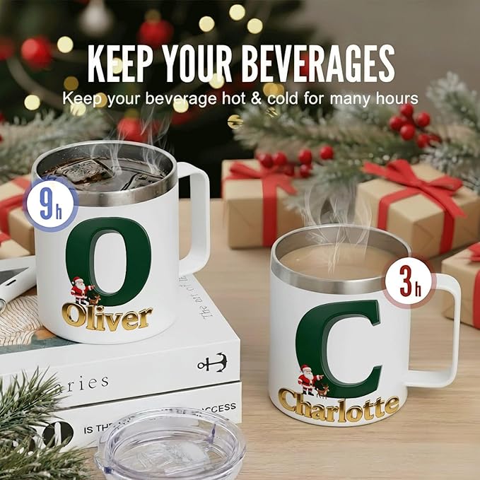 Personalized Christmas Insulated Coffee Mug with Handle – Custom Dark Green Initial Letter [C] Double Wall Stainless Steel Travel Tumbler for Drinks – Unique Holiday Gift for Men, Women, & Kids(B118) - Bloomnest