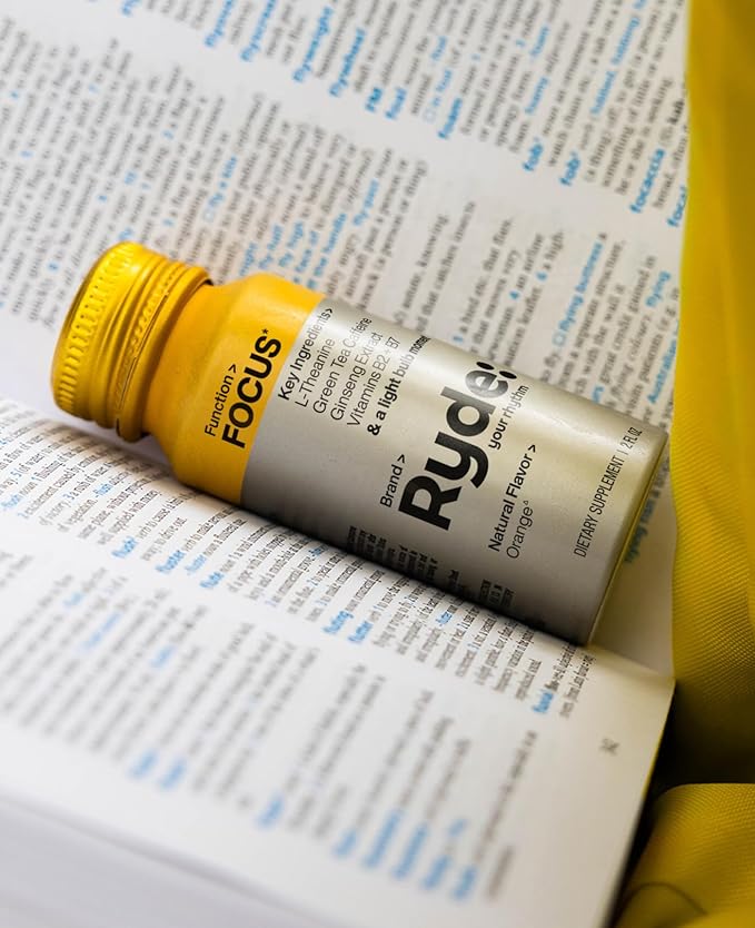 Ryde: Focus Shot | Orange Flavor | L-Theanine & Ginseng | Green Tea Caffeine | Vitamins B2 & B7 | 0 Calories, 0 Sugar | 2 FL OZ Shots | Supports Focus* (8 Pack) - Bloomnest