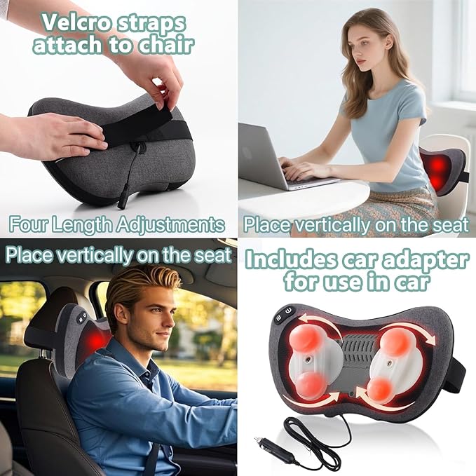 Shiatsu Neck and Back Massager with Heat - Deep Tissue Massage Pillow for Neck, Back & Shoulders Pain Relief, Ergonomic Design Electric Massager for Home, Car, Office Use, Gray - Bloomnest