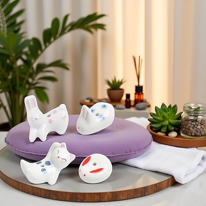 4Pcs Rabbit Cat Ceramic Incense Holder Cute White Animals Incense Sticker Holder Fun Home Decorative Ornaments for Home Room Decoration Yoga Spa Meditation Incense Holders - Bloomnest
