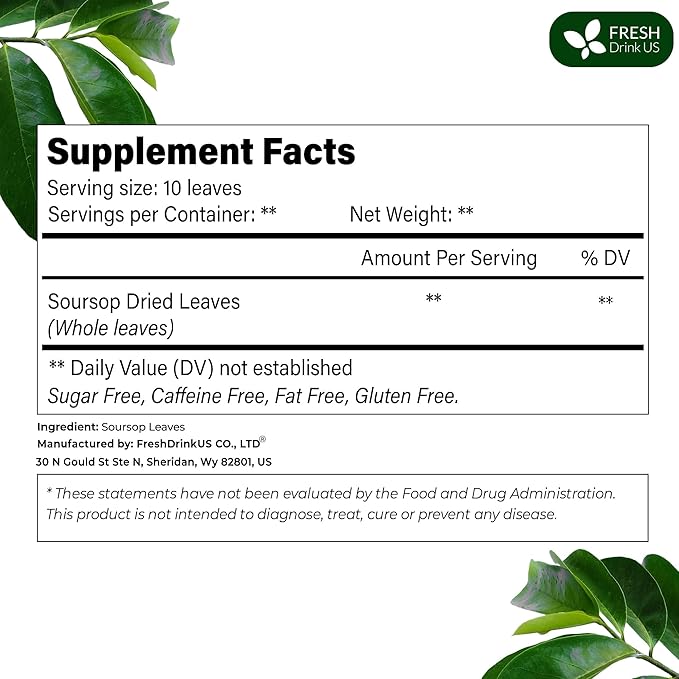 FreshDrinkUS, Premium 30+ Soursop Graviola Dried Leaves, Natural Whole Soursop Leaves, Wildcrafted, Hoja Guanabana, Loose Leaf Herbal Tea, No Gluten, Vegan - Bloomnest
