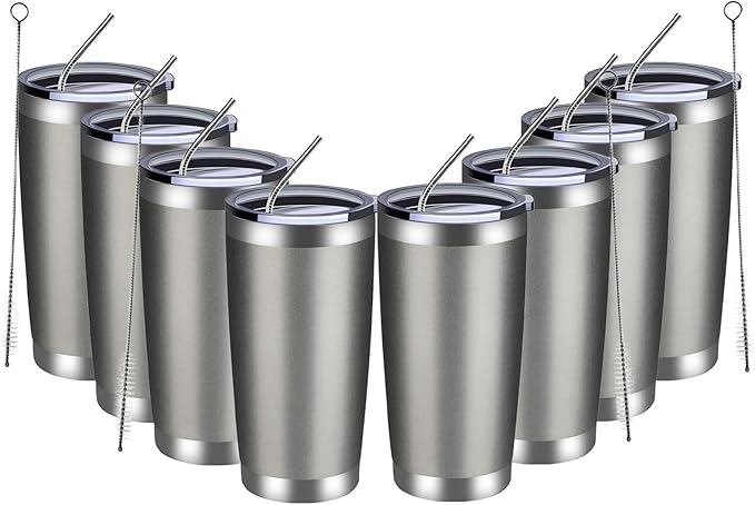 MEWAY 20oz Tumbler 8 Pack Double Wall Vacuum Insulated Travel Mug Bulk, Stainless Steel Tumblers with Lid and Straw, Durable Powder Coated Coffee Cups for Cold & Hot Drinks (Cold Gray, 8) - Bloomnest