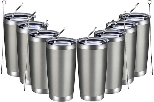 MEWAY 20oz Tumbler 8 Pack Double Wall Vacuum Insulated Travel Mug Bulk, Stainless Steel Tumblers with Lid and Straw, Durable Powder Coated Coffee Cups for Cold & Hot Drinks (Cold Gray, 8) - Bloomnest