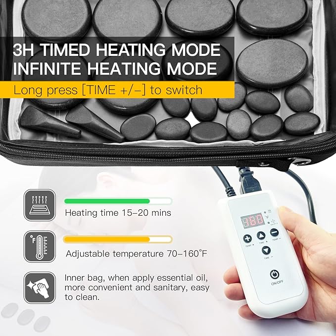 Portable Massage Stone Warmer Set, 20 Pcs Basalt Hot Stones with Heater Kit, Electric Hot Stones Warmer Massager for Professional/Home Spa, Digital Controller Heating Travel Bag (Black) - Bloomnest