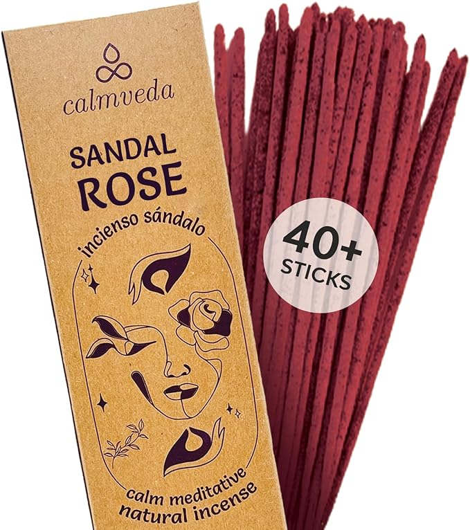Sandal Rose Incense Sticks Natural - for Meditation Incense (40+ Sticks) Clean Charcoal Free Made from Upcycled Flowers | Sweet Woody Sandalwood for Calm Feel (Incienso De Rosas) - Bloomnest