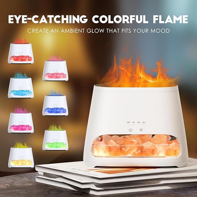 SALKING Colorful Flame Fire Diffuser Humidifier, Himalayan Salt Lamp, 7 Colors Changing Oil Diffuser, Ultra-Quiet Essential Oils Aromatherapy Diffusers for Large Room, Bedroom,150ml (White)