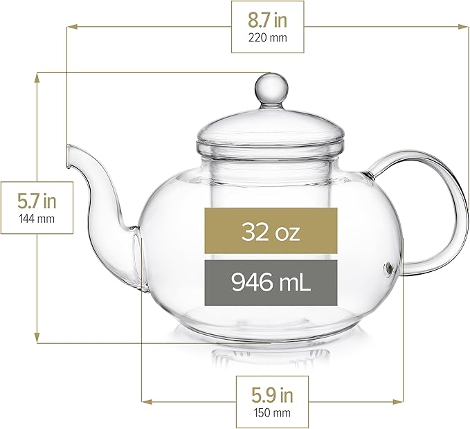 Teabloom Heatproof Glass Teapot Set with Removable Loose Tea Infuser (Standard Size: 32oz/946ml) and Four Borosilicate Glass Teacups (7oz/207ml) - Lead-free Complete Tea Set - Bloomnest