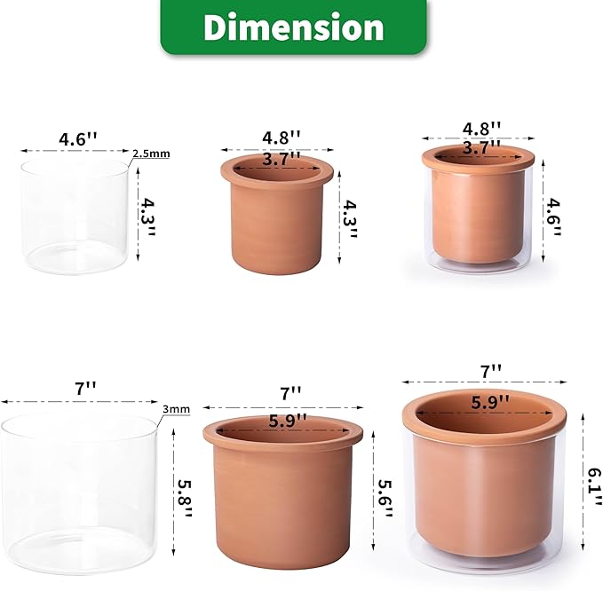 Phoenix Vine 4 Inch 6 Inch Self Watering Plants Pots, Design Terracotta Pots for Plants, Indoor Cylinder Terra Cotta Planter with Glass Vase Set, 51-A-G-46 - Bloomnest