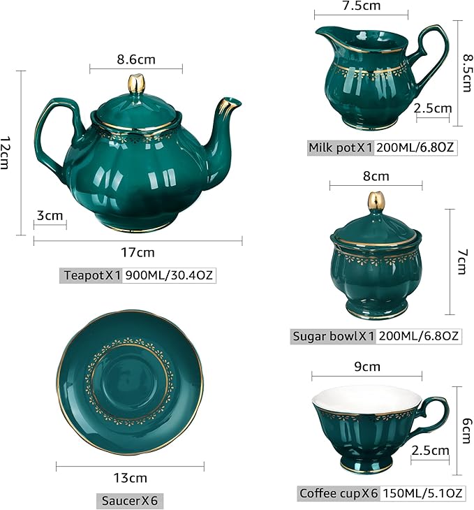 fanquare 21 Piece Vintage Porcelain Tea Set, Green with Gold Trim Fine China Tea Sets for Party, Teapot with Tea Cup and Saucers Set for 6, Christmas Gifts - Bloomnest