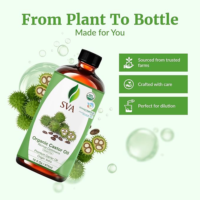 SVA Castor Seed Oil Organic - 16 Fl Oz – 100% Natural Cold Pressed Organic Castor Oil - for Face, Skin Care, Hair Care, Scalp Massage & Body Massage with Pump - Bloomnest