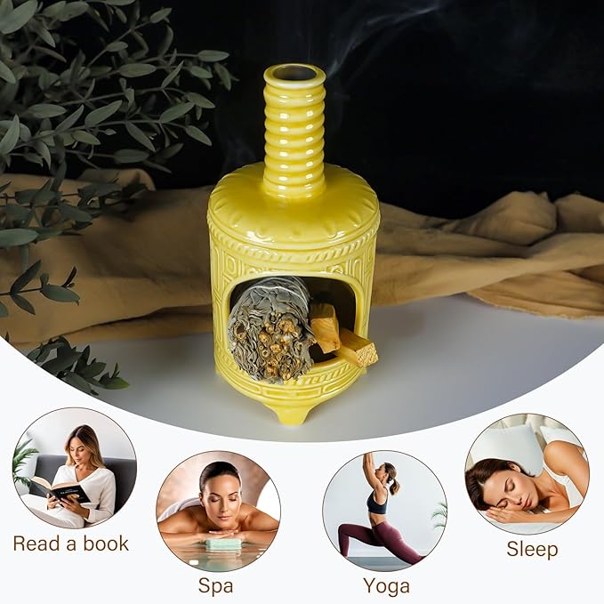 Yellow Ceramic Palo Santo Burner Holder - Purpose for Palo Santo Sticks, Sage Smudge Sticks & Incense Cones Burning – Ideal for Energy Cleansing, Yoga, Meditation & with Unique Chimney Design - Bloomnest