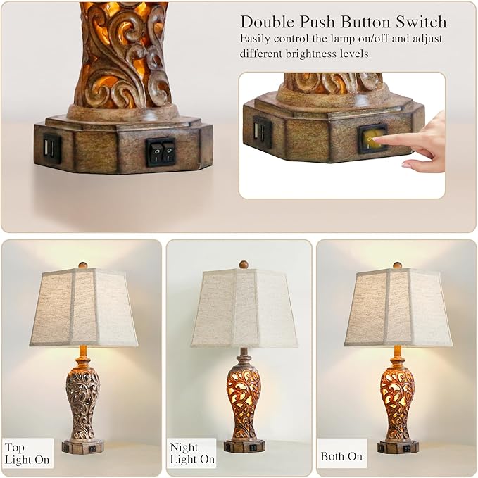 Set of 2 Rustic Table Lamps for Living Room Bedroom, 2 USB Ports 25'' Vintage Farmhouse Desk Lamp with Nightlight, Brown Hollow Out Resin Lamp for End Table (Bulbs Included) - Bloomnest