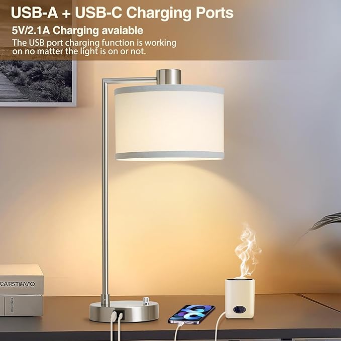 Luvkczc Table Lamps for Living Room with USB C+A Ports - Fully Stepless Dimmable Bedsides Lamp with Linen Lampshade, Lamps for Night Stands Bedroom Reading Office, 2 LED Bulbs Included (Silver) - Bloomnest