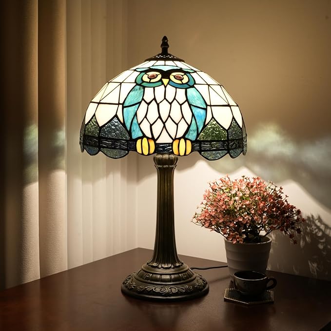 Tiffany Lamp Owl Animal Style Stained Glass Table Lamp Vintage Bedroom Bedside Light for Home Dorm Office Art Craft Antique Decor Accent Aesthetic Nightstand Reading Light 12x12x19 Inches - Bloomnest