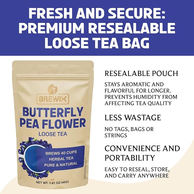 BREWIX, Butterfly Pea Flower Herbal Tea Loose Leaf (40+ Cups,1.41oz/40g) | Caffeine Free | Premium Dried Butterfly Pea Flowers For Blue & Purple Drinks, Food Coloring - Bloomnest