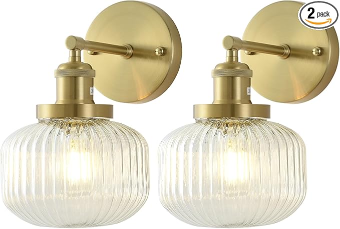 Vintage Wall Sconces with Clear Pumpkin Glass Lampshade, Indoor Bath-Room Wall Sconce, Modern Gold Industrial Lighting Fixture for Mirror Living Room Hallway 2 Pack - Bloomnest