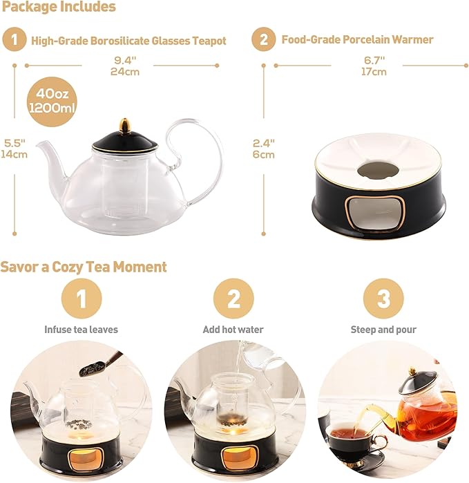 DUJUST Blooming Tea Pot Set, Luxury British Design with Relief Decor & Gold Trims, Hand-Crafted Clear Teapot with Warmer, 40oz Glass Teapot with Infuser, Stove-Safe Tea Party Gift & Home - Black - Bloomnest