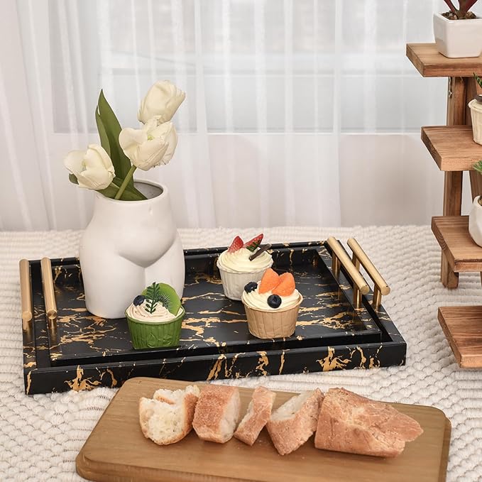 Modern Decorative Tray Set of 2 - Black and Gold Marble Wood Serving Tray with Gold Polished Metal Handles for Ottoman, Coffee Table, and More - Bloomnest