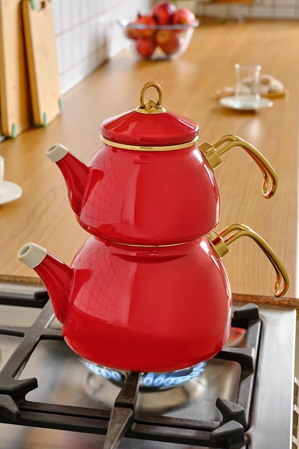 Karaca Retro Turkish Teapot for Stovetop, 1.1L Turkish Tea Pot & 2.3L Kettle, Dishwasher Safe, Induction Tea Pot Set, Vibrant Color Lasting Enamel, Samovar Style, Red - Bloomnest