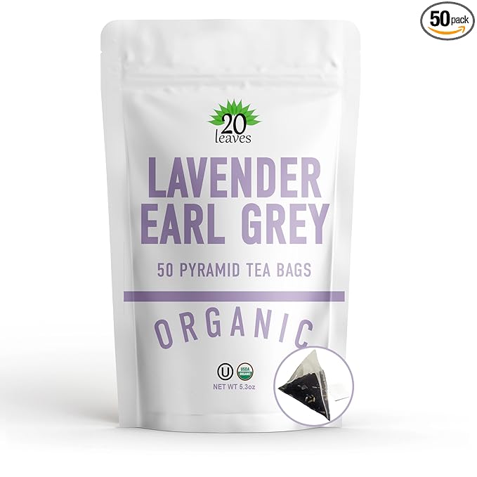 Lavender Earl Grey Black Tea - 100% Certified Organic - 50 Pyramid Tea Bags Sachets in a Resealable Bag - Bloomnest