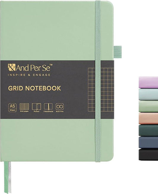 &And Per Se Graph Journal Notebook, 160 Pages, A5 5.7 x 8 inches 100 gsm Thick Paper Notebook Journals for Writing, Grid Hardcover Notebook(1 Pack, Light Green)