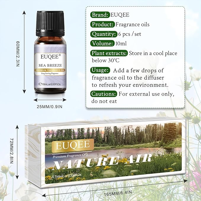 EUQEE Nature Air Premium Grade Scented Oils Gift Set - Sea Breeze, Forest Pine, Bamboo & Teak, Cedarwood, Sandalwood, Freesia (10ml) EUQEE