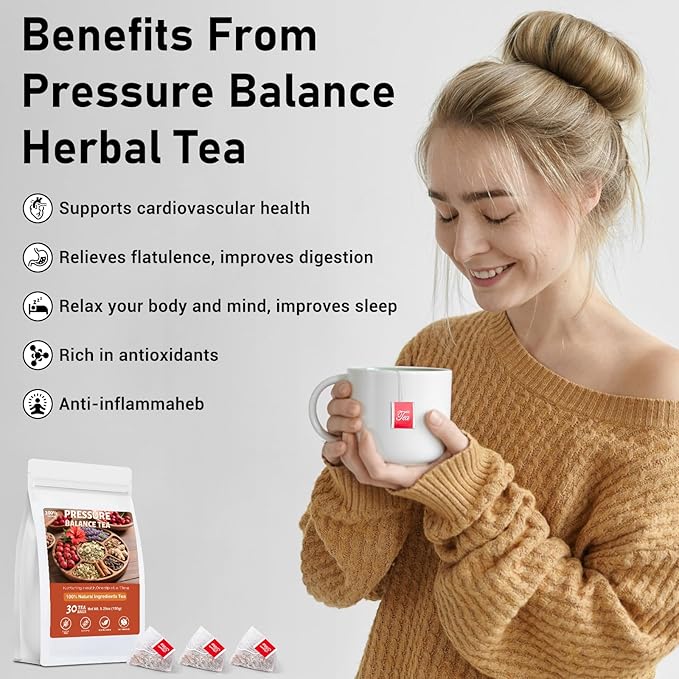 Pressure Balance Herbal Tea, 100% Natural Heart Functional Tea, Traditional Chinese Herbal Teabags for Men & Women, Caffeine-Free, Sugar-Free, 9 Precious Ingredients Formula (1 Pack/30 Bags) - Bloomnest
