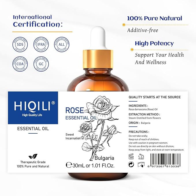 HIQILI Rose Essential Oil 1 Fl Oz, 100% Natural Therapeutic Grade for Aromatherapy, Diffuser, Skin Care, Massage, Includes Premium Quality Glass Dropper - Bloomnest