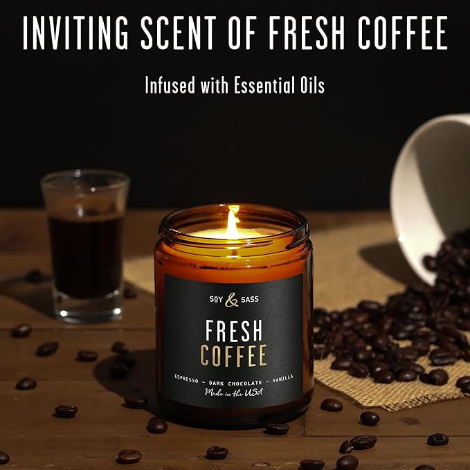 Fresh Coffee Candle - Black Candles for Men or Women - Dark Coffee Beans, Caramel & Vanilla Cream Soy Wax Scented Mens Candle - Infused w/Essential Oils | Long 50Hr Burn, 9oz I Non Toxic I Made in USA - Bloomnest