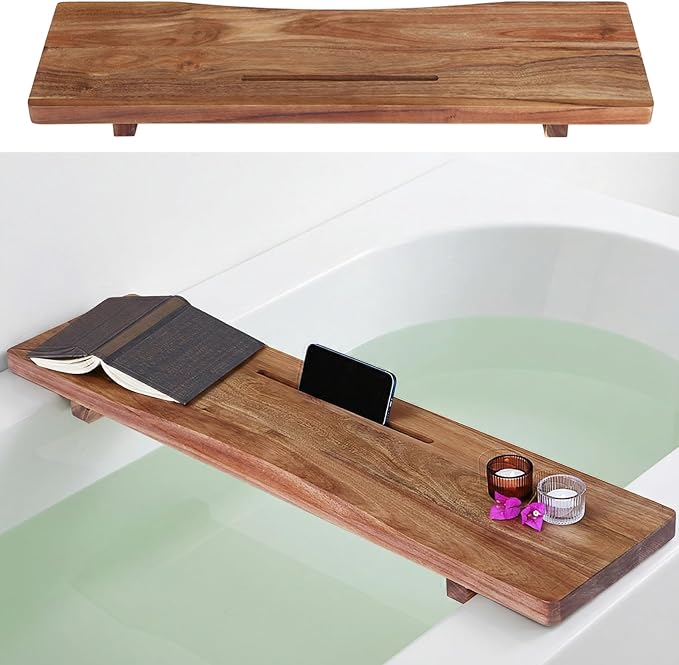 Premium Acacia Wood Bathtub Tray Caddy with Adjustable Legs, Minimalistic Design Bath Tray for Tub, Bathtub Accessories, Fit Standard and Against Wall Bath Tubs, Gift Idea for Women - Bloomnest