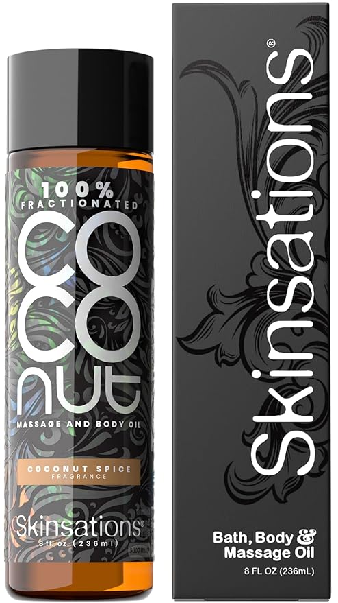 Skinsations - Scented Body Oil - Coconut Spice - 100% Fractionated COCONUT Oil - Fragrance Oil for Skin, After Shower Body Oil for Women and Men, Body Moisturizer, Bath Oil, Hydrating Massage Oil