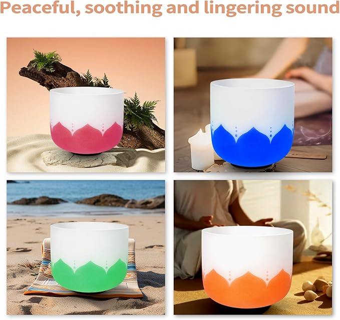Leize 6-12 inch Lotus Design Chakra Tuned 432hz Set of 7 Quartz Crystal Singing Bowls with Heavy Duty Carrying Cases and Singing Bowl Mallet Suede Strikers