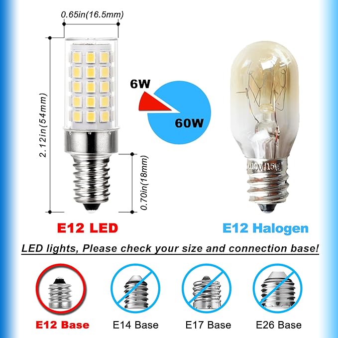E12 Led Candelabra Chandelier Bulbs 6W 6000k Daylight White, Kx-2000 60W E12 C7 Halogen Replacement,T6 Small Base 120V E12 LED Light Bulbs Cool White for Ceiling Fan Salt Lamp,550 lm(5Pack) - Bloomnest
