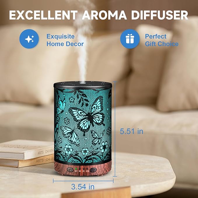 Essential Oil Diffuser 120ML Metal Aromatherapy Diffuser with Timer, Cool Mist Humidifier with Auto Shut-Off & 7 Color Lights for Home Office Spa (Big Butterfly) - Bloomnest