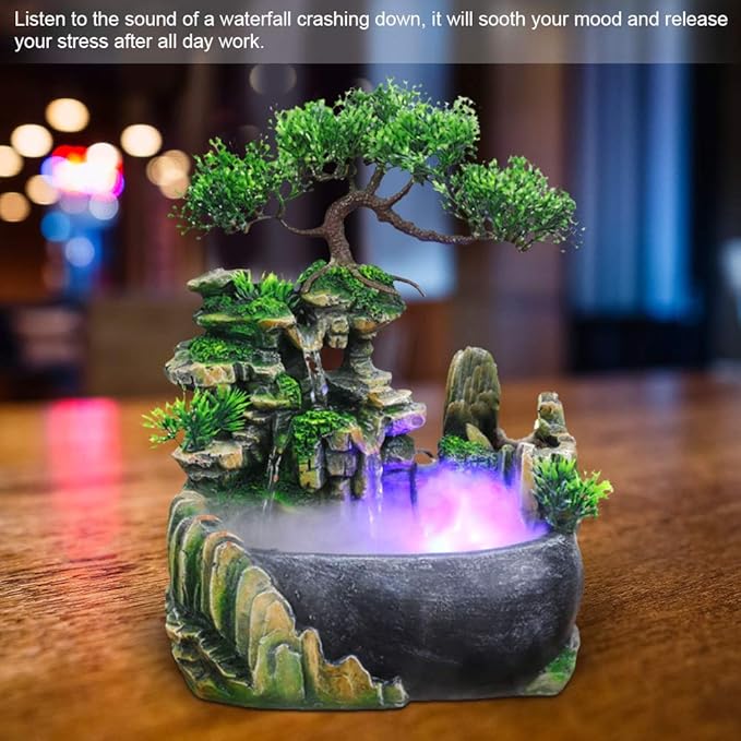 Indoor Fountain, Tabletop Water Fountain Desktop Meditation Waterfall Fountain with Rockery, Plant, Atomizing Humidifier for Office, Home, Bedroom Desk Décoration(US 110V) - Bloomnest