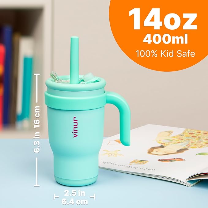 VINUR Kids 14 oz Tumbler with Handle and Straw Lid - Leak Resistant-Reusable Stainless Steel Insulated Tumbler Mug with Rubber Base-Cup Holder Friendly, Teal - Bloomnest