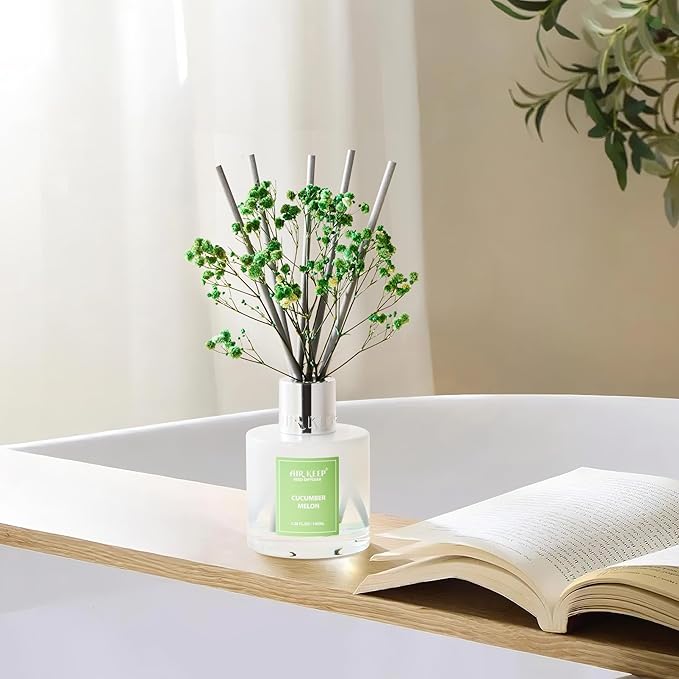 Airkeep Reed Diffuser Set,3.38 fl oz (100 ml) - Cucumber Melon Oil Diffusers with 8 Reed Sticks, Home Fragrance Reed Diffuser for Bathroom Shelf Decor - Bloomnest