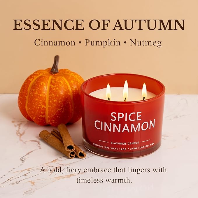 Cinnamon Spice Fall Candle, Large 3 Wick 12oz Luxury Candle, Elegant Autumn Gift for Women & Men, 60+ Hour Burn Time & Non-Toxic, Cozy Fall & Halloween Home Decor - Bloomnest