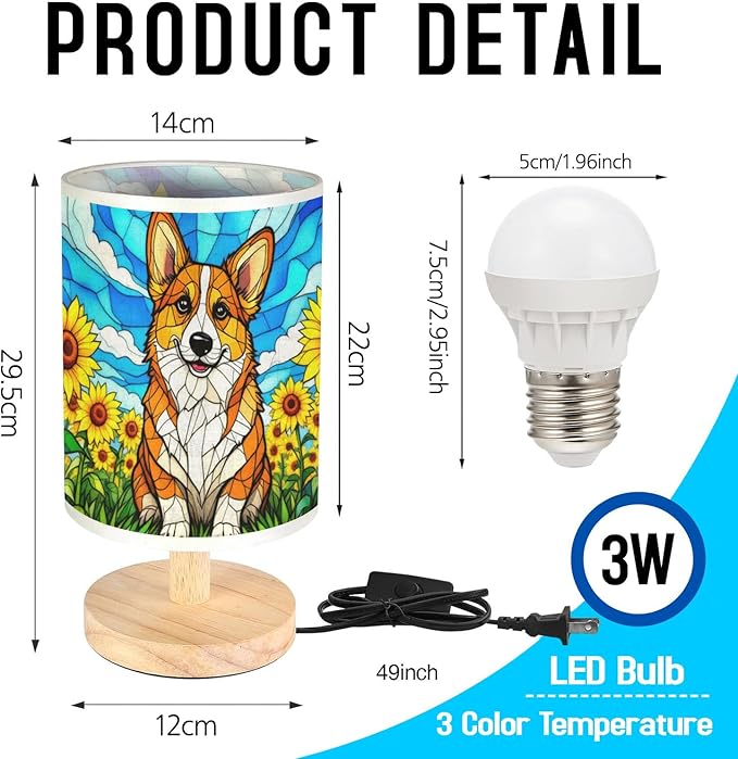 Pembroke Welsh Corgi Table Lamp LED 3-Color Pressed Bedside, Dog Shade Lamp with Wood Base for Bedroom Living Room Desk Office - Bloomnest