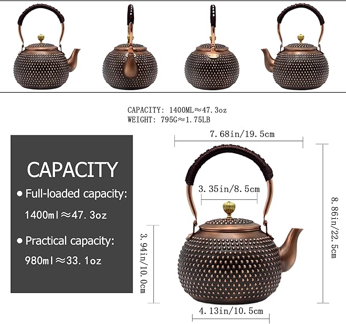 YJX 47.3oz Elegant Japanese Style Copper Tea Kettle For Stovetop Safe, Non-Coating Pure Copper Teapot with Stainless Steel Tea Ball For Loose Tea, Solid Tea Pot For 2-4 Cups (1400ml) - Bloomnest