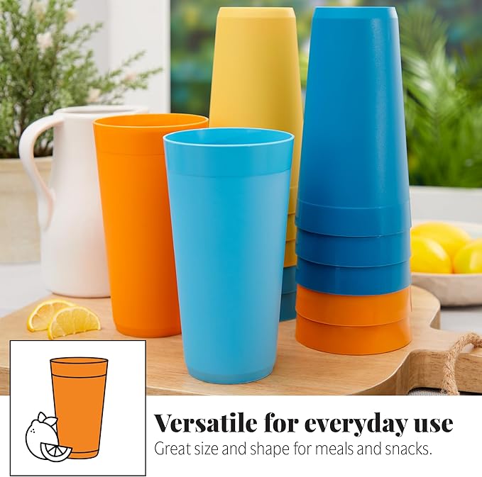 US Acrylic Newport 32 ounce Unbreakable Plastic Stackable Iced-Tea Tumblers in 4 Sunrise Colors | Set of 12 Drinking Cups | Reusable, BPA-free, Made in the USA, Top-rack Dishwasher and Microwave Safe - Bloomnest