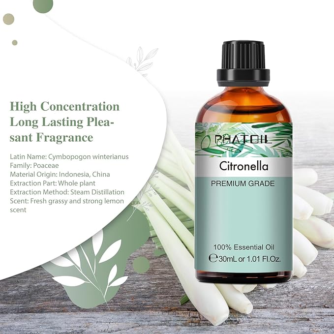 Citronella Essential Oil 1.01fl.oz/30ml, PHATOIL Premium Citronella Oils Long Lasting Scents for Aromatherapy, Diffuser, DIY Soap and Candle Making - Bloomnest