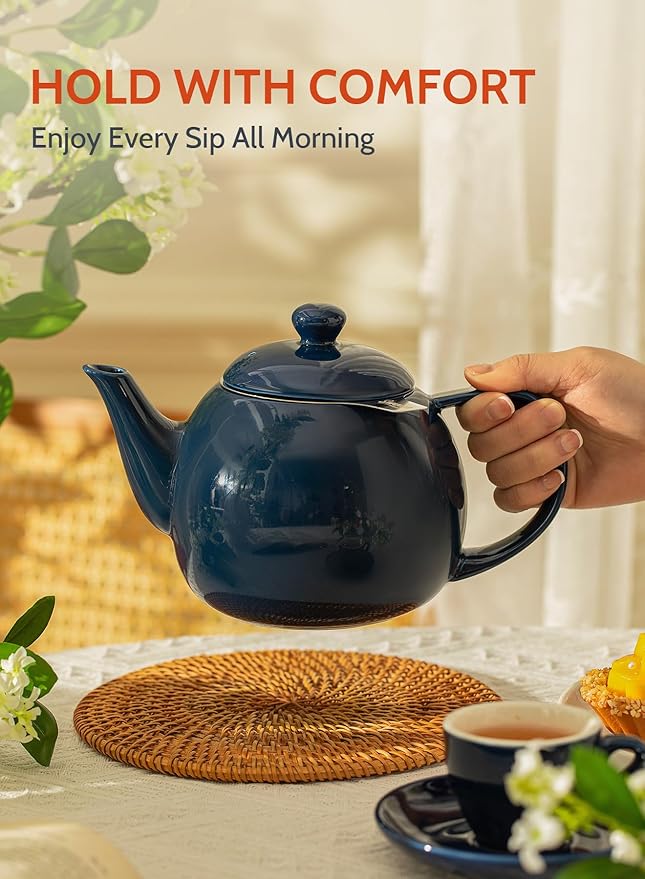 Sweese Teapot, Porcelain Tea Pot with Stainless Steel Infuser, Blooming & Loose Leaf Teapot - 27ounce, Navy - Bloomnest