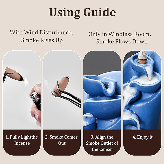 YYW Backflow Incense Burner Holder Handmade Statue Decor Fountain Waterfall Incense Holder with 20 Backflow Incense Cones 30 Incense Sticks 1 Tweezer 1 Mat for Indoor Meditation Yoga (Navy Blue) - Bloomnest