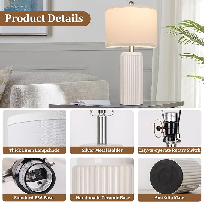 TOBUSA 23.5’’ Modern Ceramic Table Lamps Set of 2 for Living Room, Farmhouse Vintage Bedside Table Lamps with White Linen Shade, Rustic Bedroom Ceramic Lamps for Nightstand Home Office End Table Dorm - Bloomnest