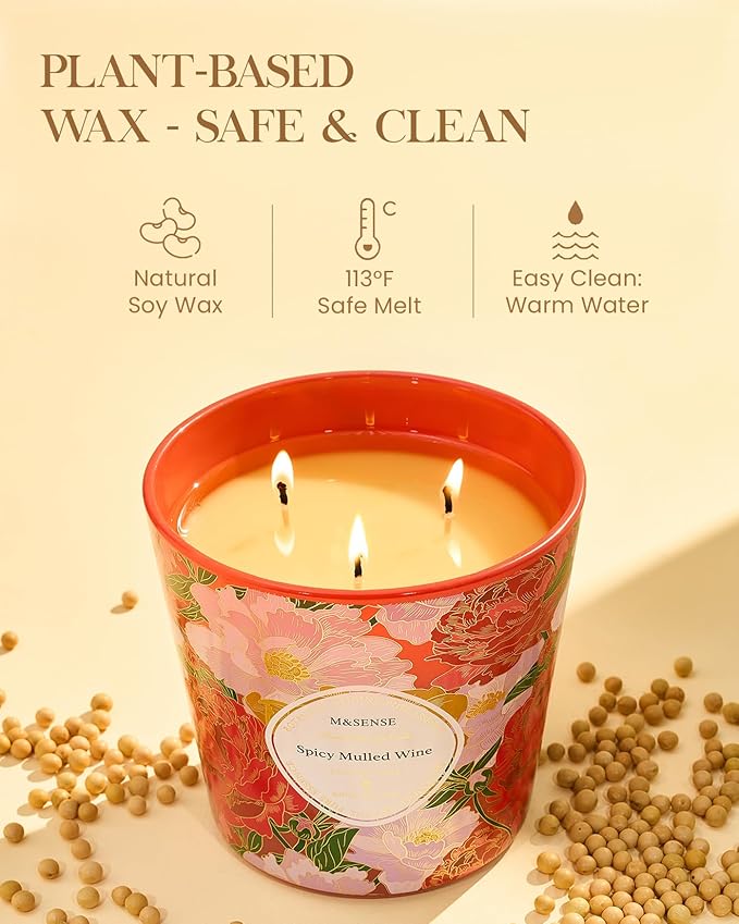 M&SENSE Spicy Mulled Wine Scented Candle, 28.2oz 3 Wick Natural Soy Wax Large Candles, Long Lasting Clean Slow Burning No Toxic Décor for Home Relaxation, Romantic Dates & Gift-Giving - Bloomnest