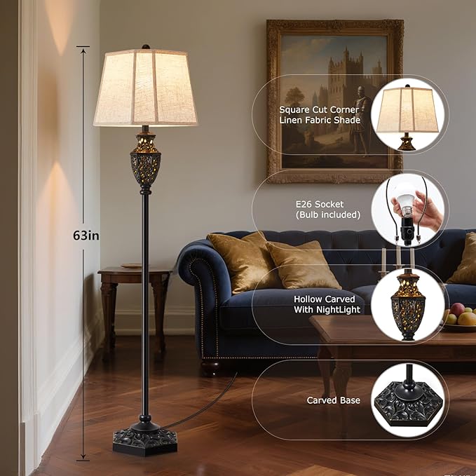 Luvkczc Vintage Black Floor Lamp - Hand-Painted Gold Resin with 6-Sided Carved Hollow Nightlight, Traditional Standing Lamp for Living Room, Bedroom, Study (Bulb Included) - Bloomnest