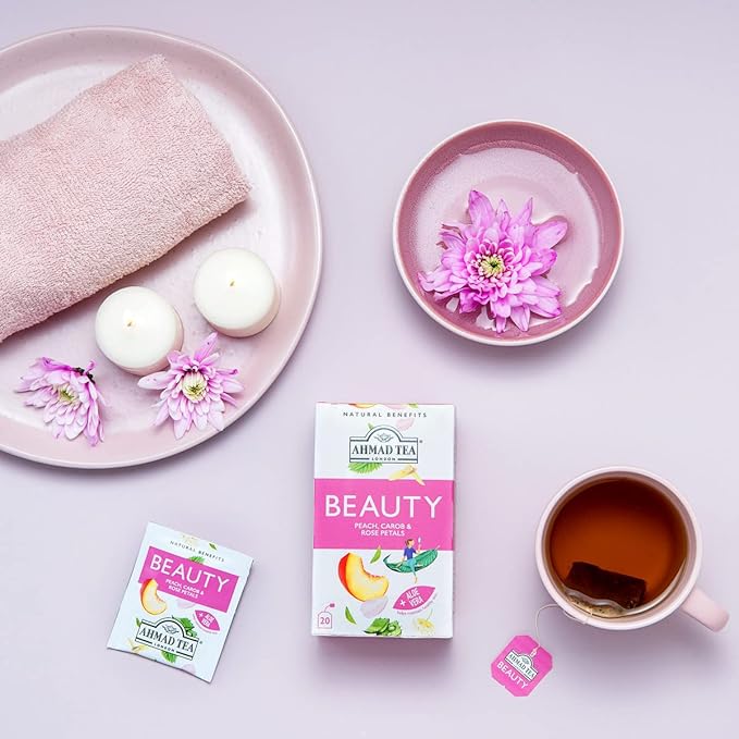 Ahmad Tea Herbal Tea, Peach, Carob, and Rose Petals 'Beauty' Natural Benefits Teabags, 20 ct (Pack of 2) - Decaffeinated & Sugar-Free - Bloomnest